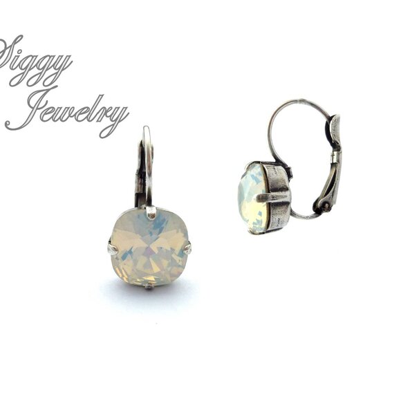 White Opal Cushion Cut 12mm Drop Earrings made with Genuine Swarovski Crystals - Picture 2 of 3